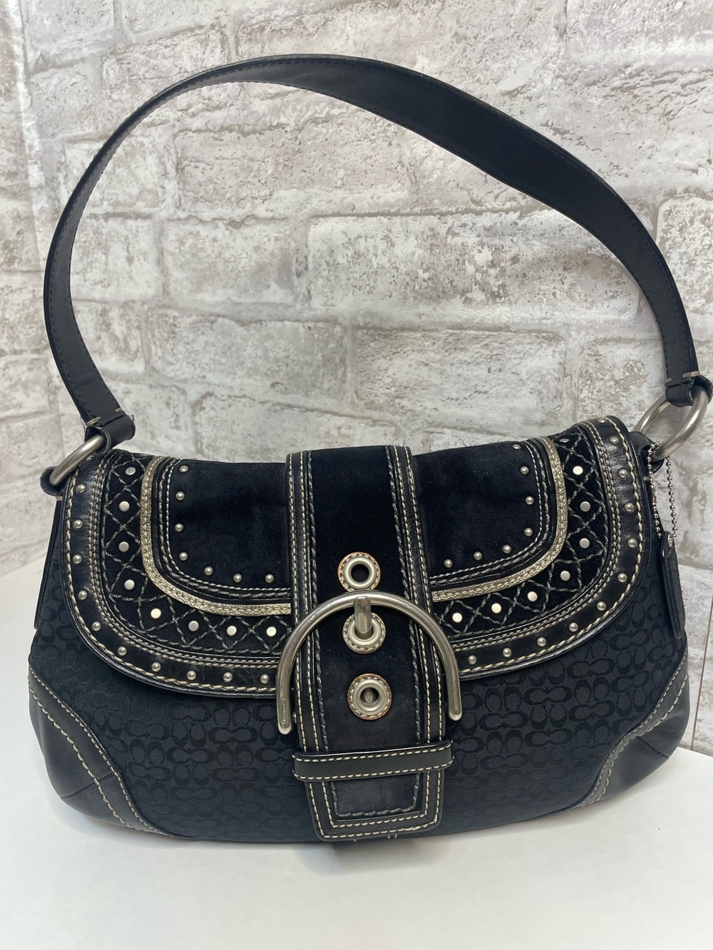 Vintage Coach Y2K Soho Shoulder Bag Buckle Studded Black Monogram Purse F11517